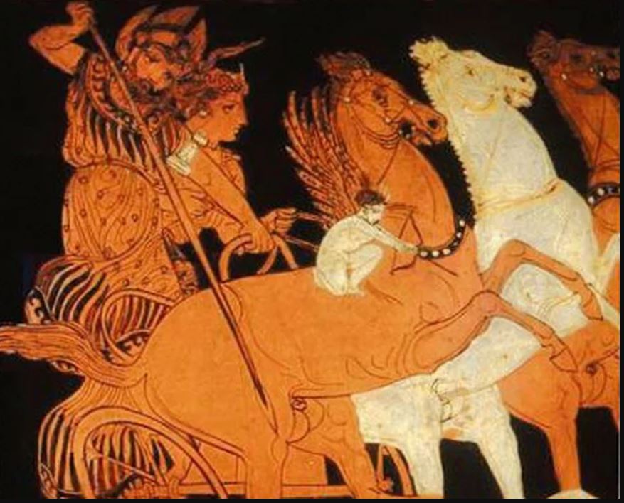 Колесница и кони Ареса. Аттическая краснофигурная амфора, ок. 400-390 до н.э., фрагмент росписи