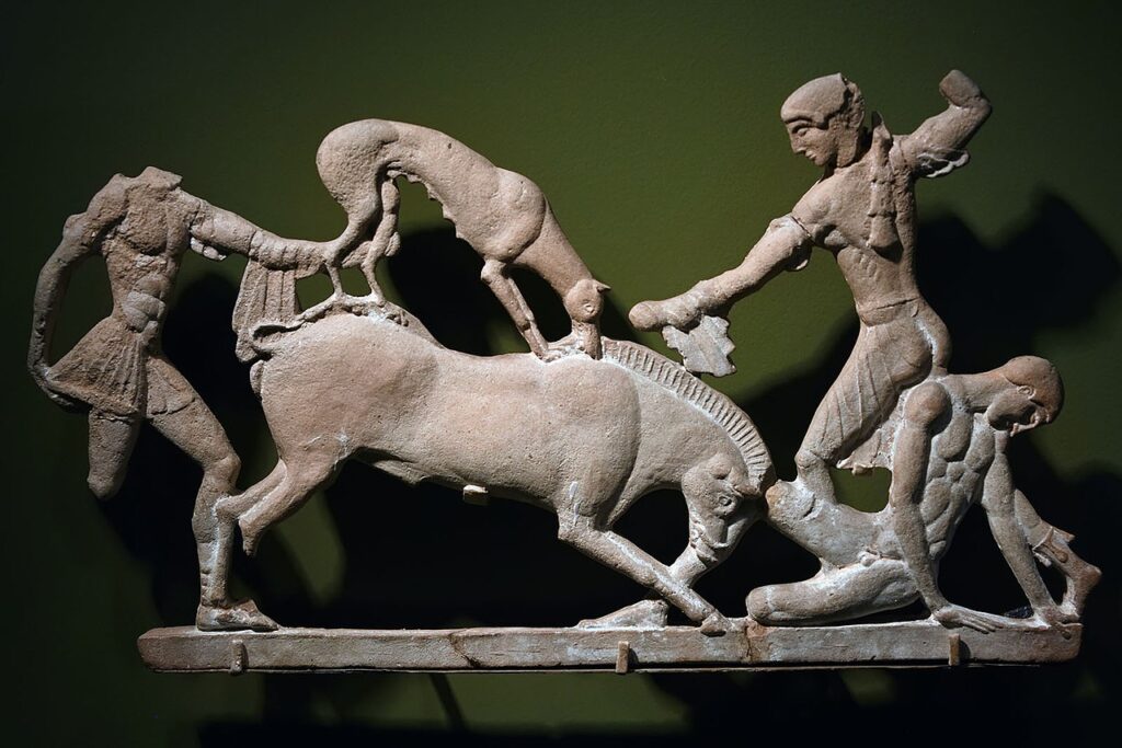Мелеагр и Аталанта убивают Калидонского вепря. Терракотовая статуэтка, Мелос (Греция), ок. 460 до н.э.