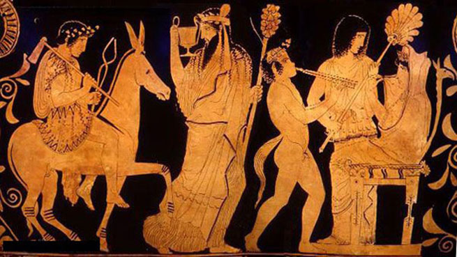 Возвращение Гефеста на Олимп (справа - Гера, сидящая на волшебном троне). Аттический краснофигурный скифос, ок. 430-420 до н.э.
