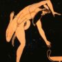 Сатир, танцующий гекатериду. Аттический краснофигурный псиктер, ок. 500-470 до н.э., фрагмент росписи