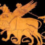 Колесница Диониса, запряженная леопардом, грифоном и быком. Аттическая краснофигурная пелика, ок. 400-390 до н.э.
