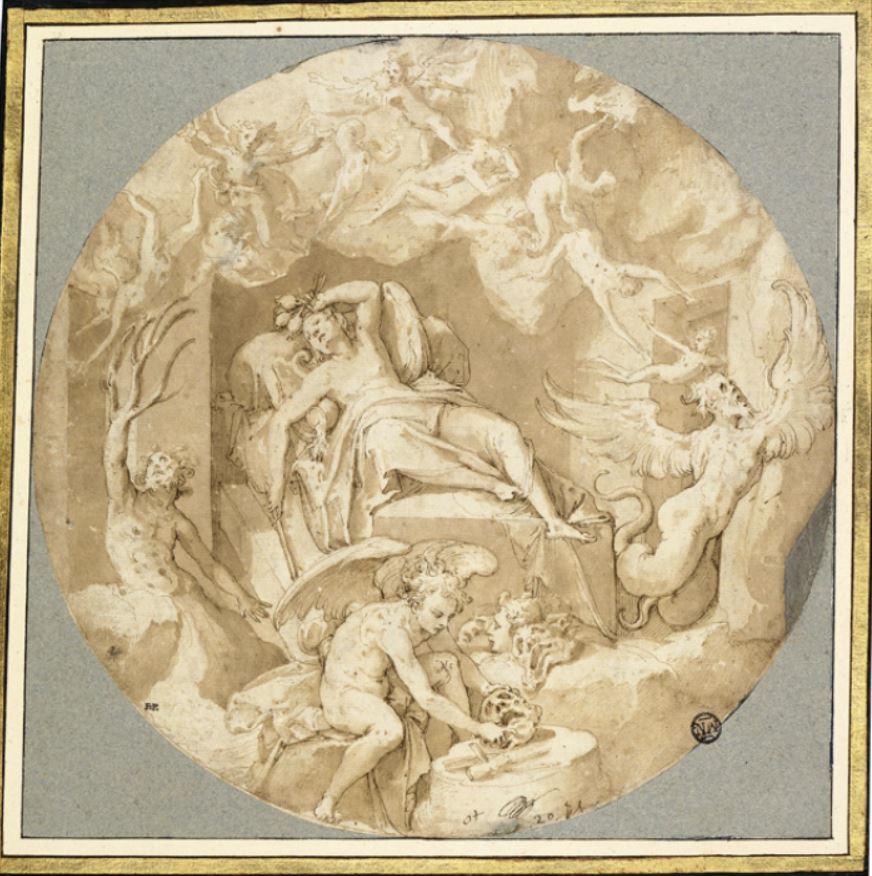 Таддео Цуккаро, "Пещера Сна". Рисунок для фрески, изображающий Сомнуса и его его сыновей: Фантаза, Морфея и Икела. Бумага, перо, чернила, ок. 1559-1562