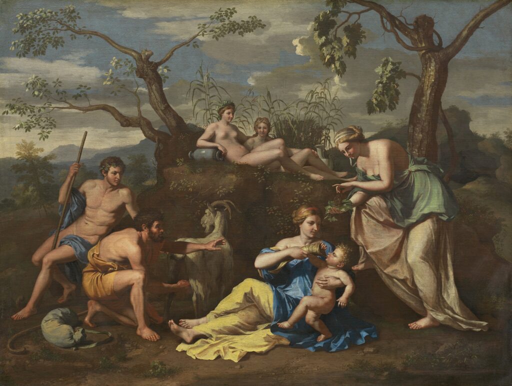 Неизвестный мастер (последователь Н. Пуссена), "Нимфы кормят младенца-Юпитера". Холст, масло, ок. 1650