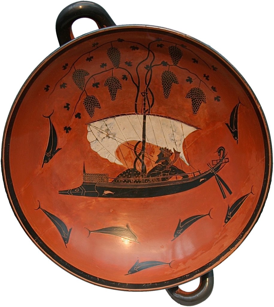 Дионис и тирренские морские разбойники. Аттический чернофигурный килик, ок. 540 до н.э.
