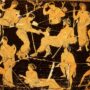 Рождение Диониса из бедра Зевса. Апулийский краснофигурный кратер, ок. 405-385 до н.э., фрагмент росписи