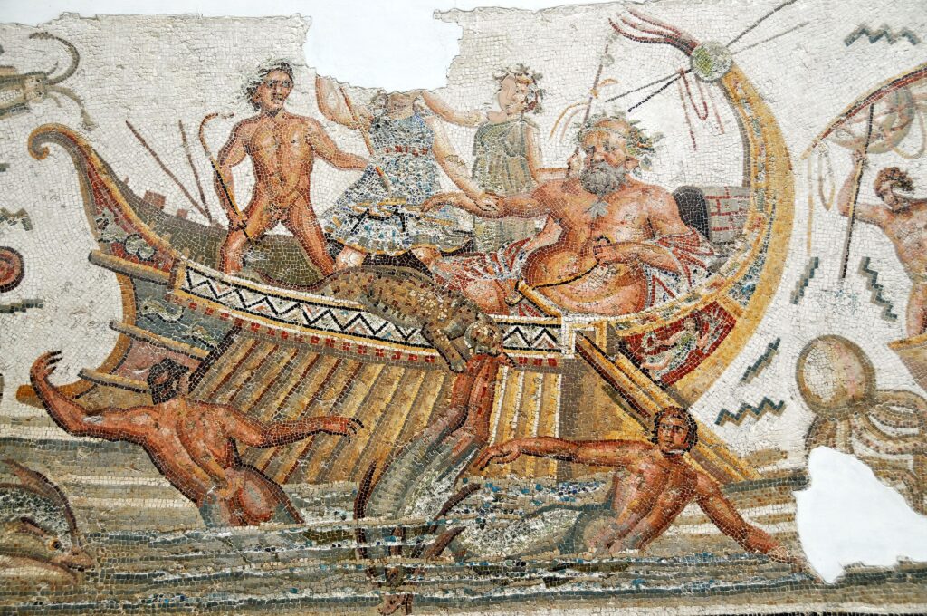 Дионис, Силен и тирренские морские разбойники. Мозаика, Тунис, II в. н.э.