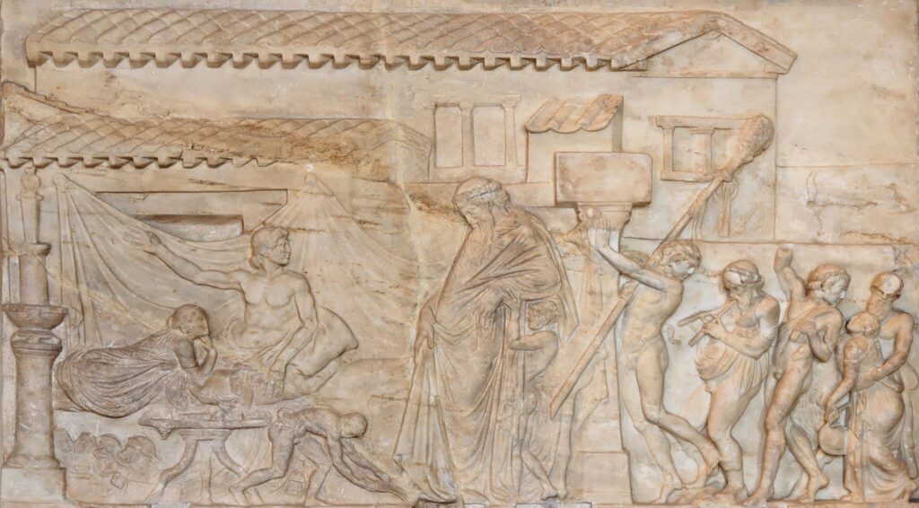 Икарий принимает в гостях Диониса со свитой менад и сатиров. Римская копия греческого оригинала, конец II в. до н.э.