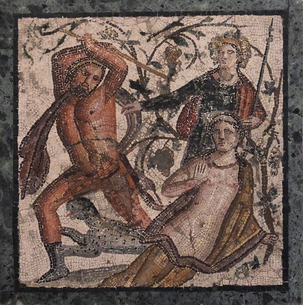 Безумие Ликурга (Ликург нападает на нимфу Амброзию, Дионис превращает ее в виноградную лозу). Мозаика из Геркуланума, 50-79 н.э.