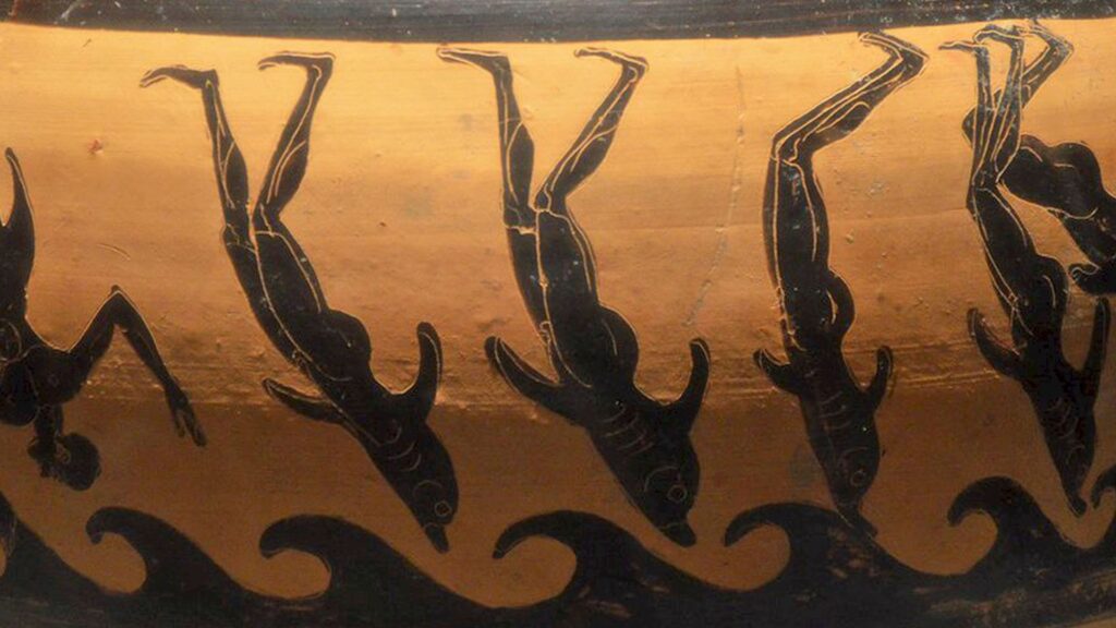 Превращение морских разбойников в дельфинов. Этрусская чернофигурная гидрия, ок. 510-500 до н.э., фрагмент росписи